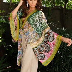 Boho Multicolor Floral Print Front Tie Kimono Wrap Top